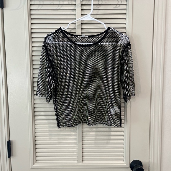Endless Blu Mesh Top Sheer Rhinestone Cropped Top Sz M - Picture 6 of 9
